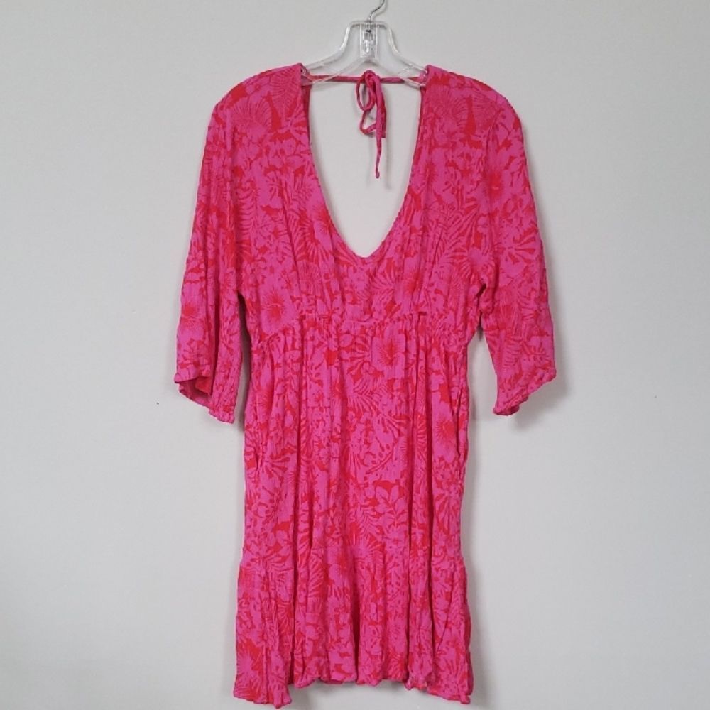 Raisins Dress XL Pink Hibiscus Tropical Floral Tiered Fit & Flare Mini Pockets
